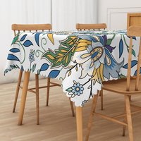 Aperturee Cheerful Floral Rectangle Tablecloth in White, Blue, and Yellow, for Spring and French Country Decor, 52x70in (WxH)