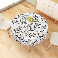 Aperturee Minimalist White Round Tablecloth with Leaf and Floral Line Art, for Modern Botanical Dining Decor, Diameter 48inch