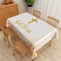 Aperturee White and Gold Floral Rectangle Tablecloth with Crucifix, for Easter, Christening, or Baptism Decor, 52x70in (WxH)