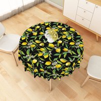 Aperturee Summer Lemon and Green Leaf Floral Round Tablecloth, for Fresh Citrus Themed Kitchen and Outdoor Party, Diameter 48inch
