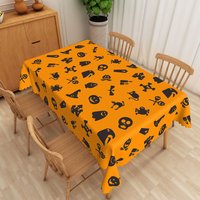 Aperturee Orange and Black Halloween Rectangle Tablecloth with Ghosts and Skulls, for Spooky Party Decor, 52x70in (WxH)