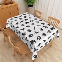 Aperturee White Halloween Rectangle Tablecloth with Skulls, Bats, and Pumpkins, for Modern Spooky Party Decor, 52x70in (WxH)