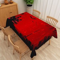 Aperturee Halloween Rectangle Tablecloth with Red Haunted House and Black Bats, for Spooky Holiday Party Decor, 52x70in (WxH)