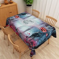 Aperturee Black Halloween Rectangle Tablecloth with Graveyard Owl and Jack O' Lanterns, for Spooky Night Decor, 52x70in (WxH)