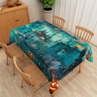 Aperturee Green Halloween Rectangle Tablecloth with Spooky Jack O' Lanterns, for Zombie and Haunted Party Decor, 52x70in (WxH)