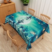 Aperturee Green Halloween Rectangle Tablecloth with Graveyard and Full Moon, for Spooky Zombie Apocalypse Party, 52x70in (WxH)