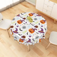 Aperturee Halloween Round Tablecloth with Jack-O'-Lanterns, Bats, and Ghosts, for Spooky Kids Party Decor, Diameter 48inch