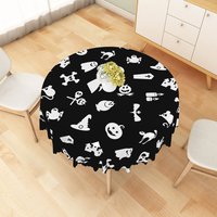 Aperturee White Halloween Round Tablecloth with Witch Hat, Jack-O'-Lantern, and Spiders, for Spooky Decor, Diameter 48inch