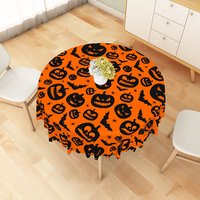 Aperturee Orange Halloween Round Tablecloth with Jack-o'-Lanterns, Bats, and Spiders, for Spooky Party Decor, Diameter 48inch