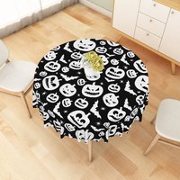 Aperturee Black Halloween Round Tablecloth with Jack-o'-Lanterns, Bats, and Spiders, for Gothic Spooky Decor, Diameter 48inch