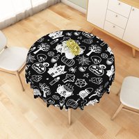 Aperturee Black Halloween Round Tablecloth with Jack-o'-Lanterns, Skeletons, and Spiders, for Spooky Decor, Diameter 48inch