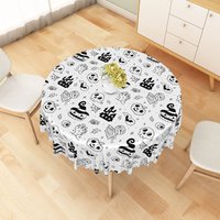 Aperturee White Halloween Round Tablecloth with Jack-o'-Lanterns, Skulls, and Haunted Castle, for Spooky Decor, Diameter 48inch
