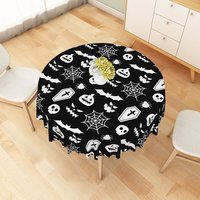 Aperturee Black Halloween Round Tablecloth with Bats, Spiderwebs, and Jack-o'-Lanterns, for Gothic Decor, Diameter 48inch