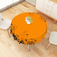 Aperturee Orange and Black Halloween Round Tablecloth with Jack-o'-Lanterns and Bats, for Spooky Party Decor, Diameter 48inch