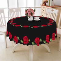 Aperturee Red Rose Border Black Round Tablecloth, High Contrast Floral Ring Prop