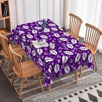 Aperturee Purple Background White Kiss Lip Rectangle Tablecloth, I Love You Text Print, Fun Galentine Party Decor, Purple Pattern Prop