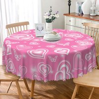 Aperturee Pink Heart Butterfly Round Tablecloth, Romantic White Love Pattern Table Cover, Sweet Studio Prop