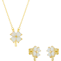 White Opal Four Leaf Clover Sterling Silver Necklace & Earring Set