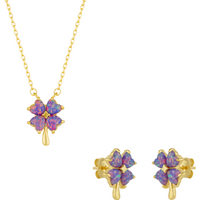Pink & Purple Opal Four Leaf Clover Sterling Silver Necklace & Earrings Set