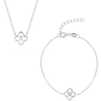 White Enamel Four Leaf Clover Necklace & Bracelet Set With Gemstone in Sterling Silver