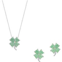 Four Leaves Clover Sterling Silver Earrings and Necklace Set in Green