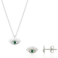 Emerald Eye Evil Eye Sterling Silver Necklace and Stud Earring Set