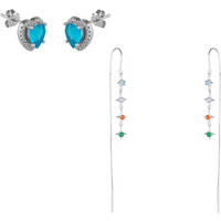 Multicolour Star Drop Sterling Silver Chain Threader Earrings and Heart of Ocean Earrings- Pair