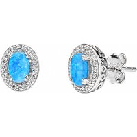 Sterling Silver Oval Blue Opal Halo Stud Earrings