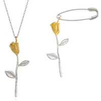 Gold Color Rose Sterling Silver Necklace and Safety Pin Earring Set
