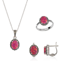 Oval Red Opal High Quality Sterling Silver Necklace Earring Ring Set