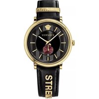 Versace VBQ050017 V-Circle 42mm Gold Tone Black Leather Strap Women's Watch