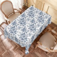 Aperturee Classic Blue Rose Floral Rectangle Tablecloth, Vintage Damask Botanical Kitchen Event Decor