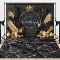 Aperturee Elegant Gold Crown and Black Feather Backdrop, Royal Golden Sphere and Flower Decor for Photography, High Resolution