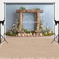 Aperturee Easter Photography Backdrop, Rustic Wooden Frame with White Flowers and Eggs Spring Portrait Background Studio