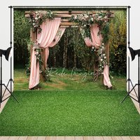 Aperturee Wooden Garden Arbor with Pink Drapes Backdrop Spring Floral Wedding Arch Background for Portraits