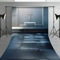Aperturee Modern Church Interior Backdrop, Minimalist Altar and Wooden Cross Religious Scene, Professional Religious Studio