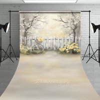 Aperturee Vintage Bicycle and White Fence Backdrop, Yellow Flowers Spring Garden Scene, Professional Studio Portrait