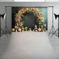 Aperturee Easter Floral Arch Backdrop, Pastel Eggs and Bunny Statues on Moss, Professional Holiday Studio Prop