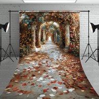 Aperturee Elegant Marble Column Arch Backdrop, Rose Floral Garden Path with Fallen Petals, Professional Bridal Studio