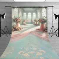 Aperturee Luxury Sunroom Floral Backdrop, Pink Rose Pillar and Draped Silk Decor, Professional Interior Studio