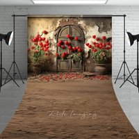 Aperturee Rustic Old Arch Door Red Tulips Backdrop, Vintage Grunge Stone Wall Dirt Floor Spring Photography Background Studio Props