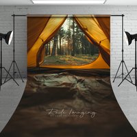 Aperturee Yellow Camping Tent Inside View Backdrop, Pine Forest Sunset Nature Landscape Adventure Photography Background for Studio