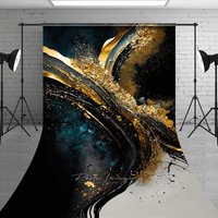 Aperturee Modern Black and Gold Foil Abstract Backdrop, Teal Textures and Energetic Fluid Art Background for Fashion Studio