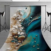 Aperturee Deep Teal Water and Gold Shells Backdrop, White Cracked Texture Abstract Beach Photography Background for Fine Art Portraits
