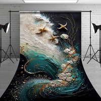 Aperturee Teal Ocean Wave and Golden Starfish Backdrop, Gold Coral Branch Abstract Marine Photography Background for Creative Studio