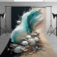 Aperturee Abstract Teal Water Flow and Sand Backdrop, White Shells and Pearls Elegant Beach Photography Background for Product Shoots