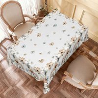 Aperturee Watercolor Floral Rectangle Tablecloth, Soft Beige and Blue Flowers, Professional Event Decor Photo Props