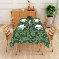 Aperturee Dark Green Floral Leaf Outline Pattern Rectangle Tablecloth, Elegant Botanical Dining Decor, Washable Kitchen Table Cover