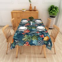 Aperturee Dark Blue Tropical Pineapple Watermelon Pattern Rectangle Tablecloth, Summer Decor, Washable Table Cover