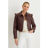 Chantal Ruffle Sleeve Leather Jacket - Espresso